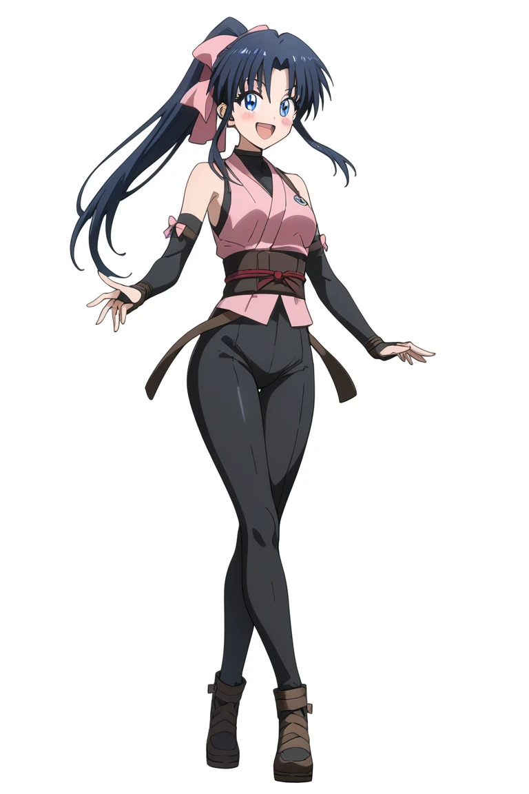 MASTER PIECE, HIGH QUALITY,  Kamiya Kaoru, 1girl,(((((girl wearing (black ninja costume), detached sleeves, bare legs)))), sexy body, (((tomboy))), narrow waist, ((((perfect girl anatomy)))), LONG HAIR, long ponytail HAIRSTYLE , pink hairbow, blue eyes, PE...