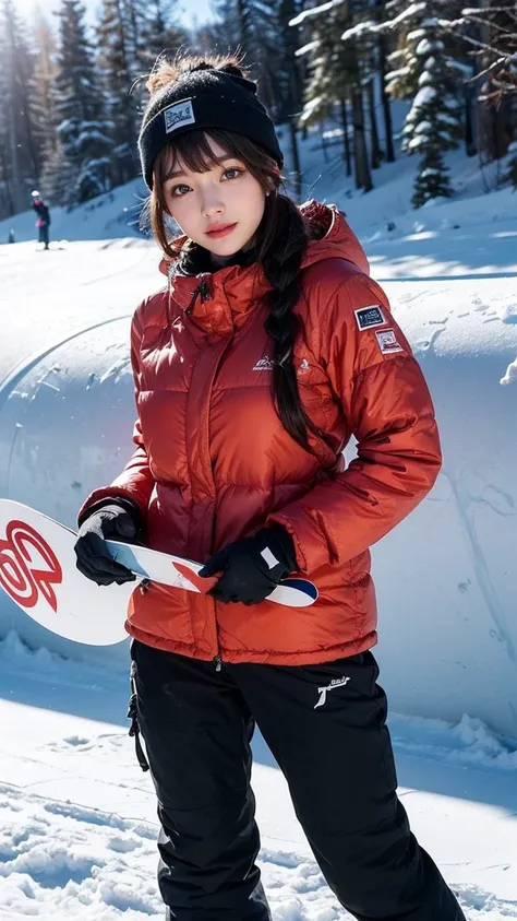 ai_kase, (Famous ski slopes in the snowy mountains:1.3), (She is a snowboarder who glides down the slopes with style.:1.3), (She is wearing White-based hooded ski-wear with red stripes), (A beautiful Japanese girl:1.3), (masterpiece:1.3), masterworks, auth...