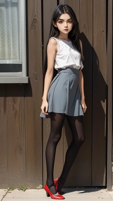 18 years old teen with grey dress, long black stockings, blue eyes,  Long hair, Lazo de cabello, with red ballerina flat shoes, full body