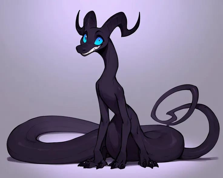 Dragon, pitch black scales, curled horns, blue eyes, quadrupedal, sly, narrow elongated snout, squarish muzzle, hairless, tall devilish black horns, 2d, smooth body, digitigrade legs, black claws, big eyes, vertical pupils, short, void black, shadow, impis...