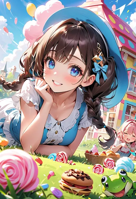 (((The background is a magical dream world :1.5、 fantasy)、 Picnic in the prairie 、Candy House))、 I lie down on the prairie:1.5、Sleep on your side:1.5、 wear cheek sticks :1.5、Caught in an avalanche of sweets、Buried in a pile of large amounts of sweets:1.5、c...