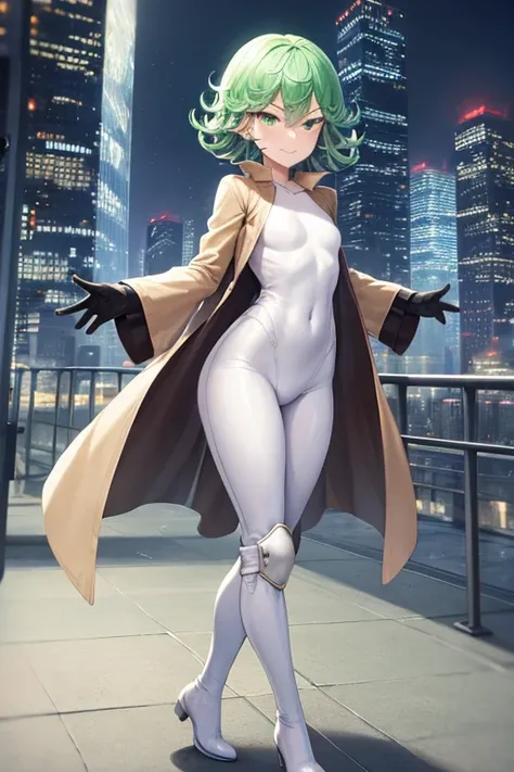 Masterpiece, best quality, ultra detailed, illustration, lighting epic, cinematic composition, 1 girl, Tatsumaki, short hair, green hair, very small breasts, green eyes, bright eyes, smiling, blushing, closed mouth, piercing gaze, full body, long beige tre...