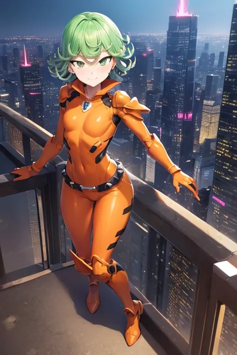 Masterpiece, best quality, ultra detailed, illustration, lighting epic, cinematic composition, 1 girl, Tatsumaki, short hair, green hair, very small breasts, green eyes, bright eyes, evil smile, blushing, closed mouth, piercing gaze, full body, gremlin, br...