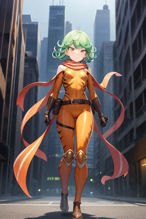 Masterpiece, best quality, ultra detailed, illustration, lighting epic, cinematic composition, 1 girl, Tatsumaki, short hair, green hair, very small breasts, green eyes, bright eyes, blushing, closed mouth, piercing gaze, full body, Big Goggles, Blue Scarf...