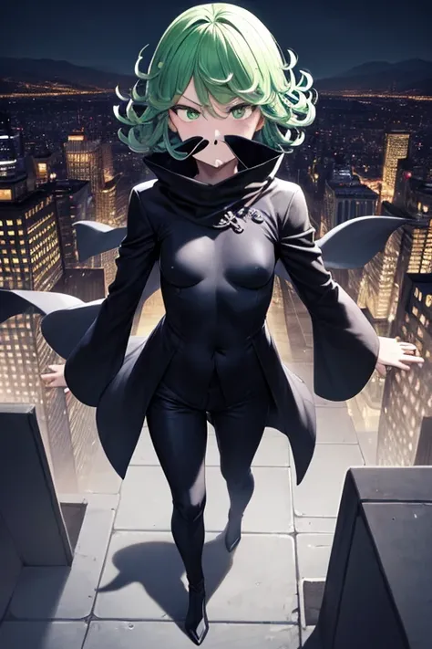 Masterpiece, best quality, ultra detailed, illustration, lighting epic, cinematic composition, 1 girl, Tatsumaki, short hair, green hair, very small breasts, green eyes, bright eyes, blushing, piercing gaze, full body, black scarf, bandage covering his mou...