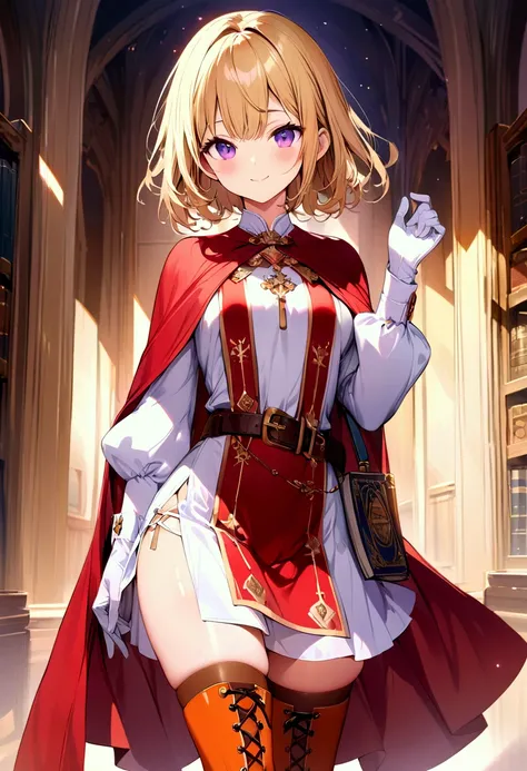 (masterpiece),(best quality),(ultra-detailed),(best illustration),(best shadow),(detailed background), 1girl, solo, blonde-hair, smile, thighhighs, purple-eyes, gloves, white-gloves, cape, dress, brown-footwear, side-slit, book, long-sleeves, short-hair, l...