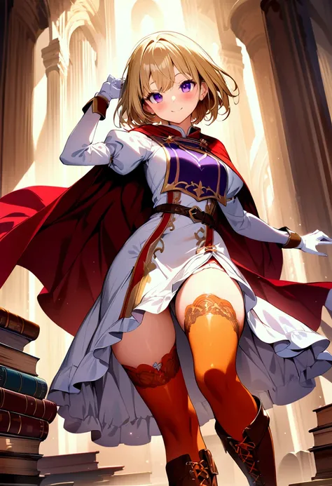 (masterpiece),(best quality),(ultra-detailed),(best illustration),(best shadow),(detailed background), 1girl, solo, blonde-hair, smile, thighhighs, purple-eyes, gloves, white-gloves, cape, dress, brown-footwear, side-slit, book, long-sleeves, short-hair, l...