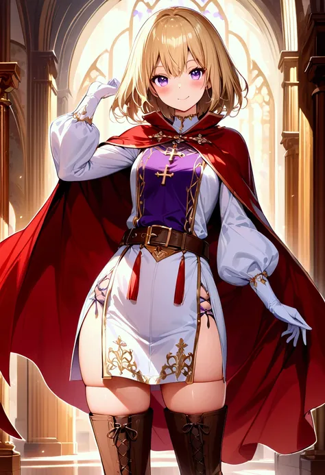 (masterpiece),(best quality),(ultra-detailed),(best illustration),(best shadow),(detailed background), 1girl, solo, blonde-hair, smile, thighhighs, purple-eyes, gloves, white-gloves, cape, dress, brown-footwear, side-slit, book, long-sleeves, short-hair, l...