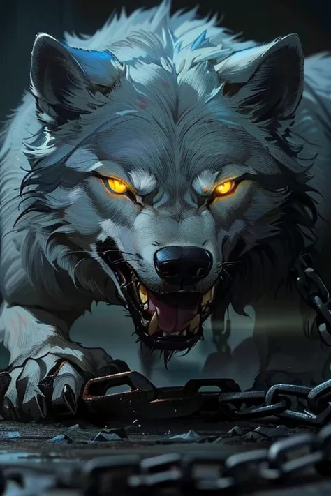  there is a wolf with glowing eyes and chains on the ground,  he has yellow wolf eyes ,  wolf in hell , dire lobo,   with glowing yellow eyes  , Grim - Lobo, a  white wolf , great lobo,   of a growling Alafí dog  ,  white wolf  with blue eyes, Fenrir,  int...