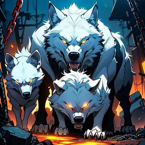  there is a wolf with glowing eyes and chains on the ground,  he has yellow wolf eyes ,  wolf in hell , dire lobo,  with glowing yellow eyes  , Grim - Lobo, a  white wolf , great lobo,  of a growling Alafí dog  ,  white wolf  with blue eyes, Fenrir,  intim...