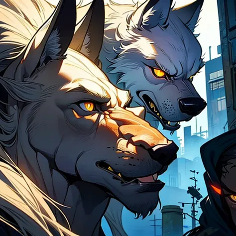 a close up of two white wolves standing in front of a building, furry fantasy art, big wolf, fantasy wolf portrait, hairy wolf, says wolf, grim - wolf, He has yellow wolf eyes ,  anthropomorphic wolf , an  anthropomorphic wolf ,  profile picture , angry hi...