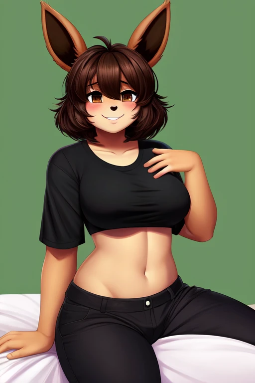  excited expression, 1 girl, anthropo, byry, by, fluffy by, Chicago Eevee,  brown hair,  short hair, cabello desordenado, (19 years old), pecho mediano,  thick thighs in bed, Alone , (green background),  Detailed ,  arrogant smile , ( hair covering the eye...