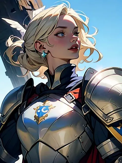 a close up of a woman with her back and looking up,   with armor and a sword , Girl in knight armor, Female Knight,  Dove Cameron wearing a knight's armor , picture of Female Paladin, pale blue armor , of a beautiful Female Knight, beautiful Female Knight,...