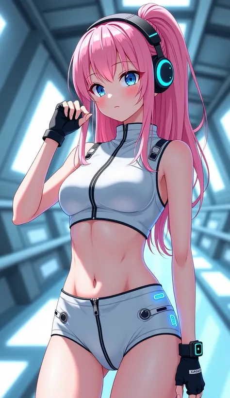 Detailed anime illustration, pixiv style,anime love-live style, zero gravity space. Woman dressed in white spaceship high-tech capsule, cold sleep device. Japanese woman, pink long hair, blush,shy,wearing futuristic underwear with biosensors and circuit pa...