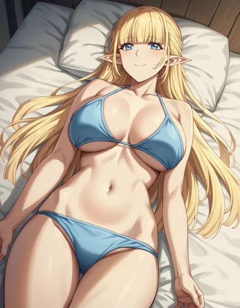 score_9, score_8_up, score_7_up, source_anime, seras ashrain, long hair, blue eyes, blonde hair, huge breasts, blunt bangs, pointy ears, elf,  ((wearing a light blue bikini)), bare shoulders, collarbone, thighs,, indoors, bed, bed room, on back, on bed, co...