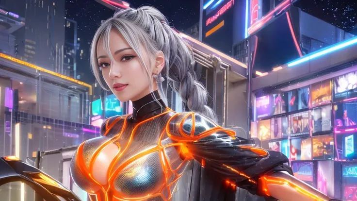 Cyber City Night,(Glamorous Night Illuminations :1.3),( standing on the roof of a building :1.3)The actress is a very beautiful adult woman..........( sexy super shiny orange transparent holographic mechanical cyberpunk suit:1.3) ,( Brightly Colored LED Gl...