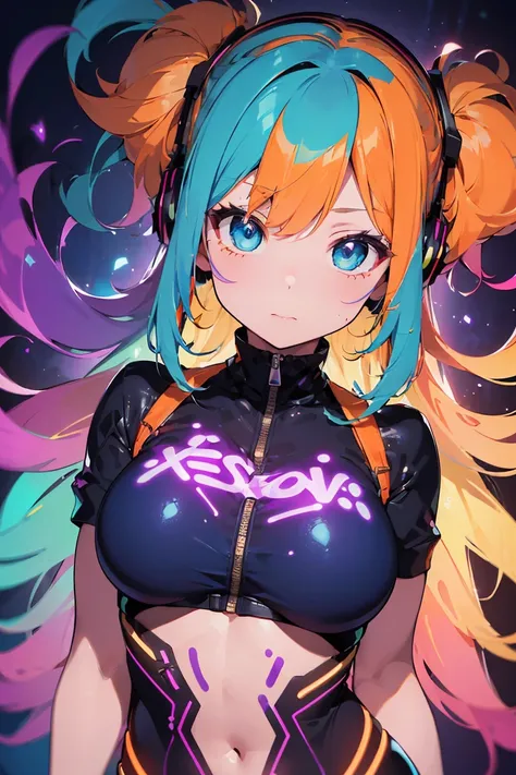  Anime Girl Wearing Headphones,(( Warm Winter Fashion )),  long twin tails,  looking from below, ((whole body)), ( big breast:1.3), (( perfect eyes , Blue Eyes Shine :1.1,  Gradient Eyes :1, Beautiful eyes:1,  symmetrical eyes:1,  big eye highlights :1.2))...