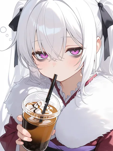 1girl, white hair, very long hair, twintails, purple eyes, looking at viewer, sleepy, bags under eyes, (fur-trimmed kimono, frills, hair ribbon), iced coffee, holding, drinking straw in mouth, dynamic angle,, (masterpiece, best quality, extremely detailed)...