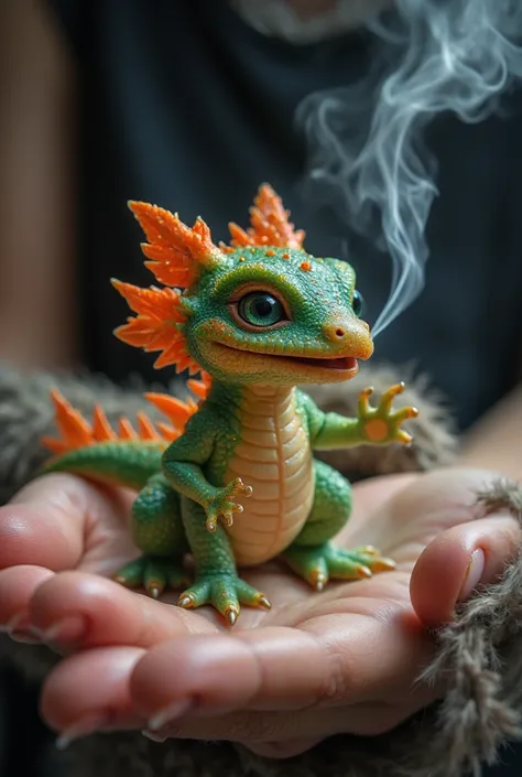 There is a small green and organge baby Dragon 
which is very cute and adorable. fused sitting in someone's hand, The babydragon has its mouth slightly open and some gentel smoke is coming out, trying to do fire but it´s only some smoke, 
tiny animal, sitt...