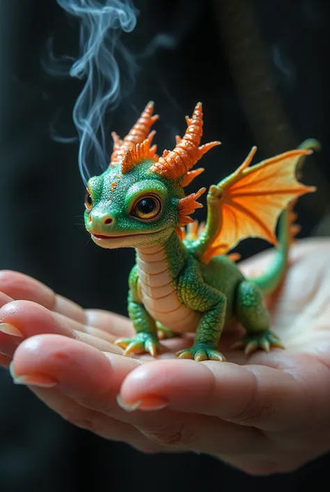 There is a small green and organge baby Dragon 
which is very cute and adorable. fused sitting in someone's hand, The babydragon has its mouth slightly open and some gentel smoke is coming out, trying to do fire but it´s only some smoke, 
tiny animal, sitt...