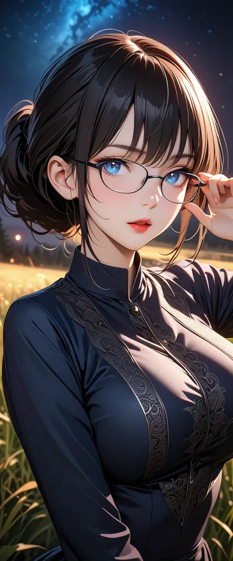 ((masterpiece)),  best quality ,  SUPER DETAILS,  high resolution,  extremely detailed CG integrated 8K wallpaper, HQ_HDR, ( dynamic angle), (((wear glasses))), (Sexy attractive female teacher with big breasts), (((Delicate fabric,  to stretch your face)))...