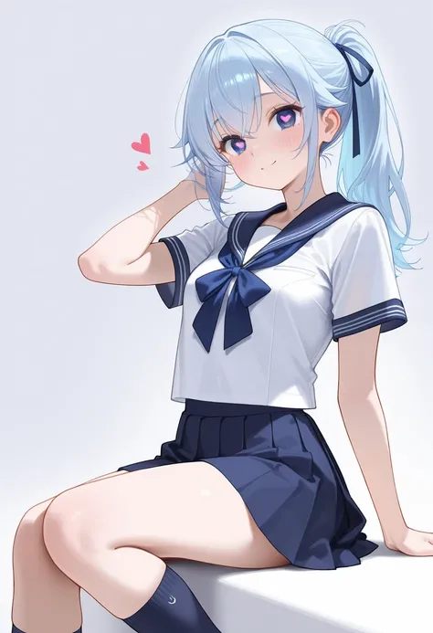 masterpiece, (( best quality )), 8k,  RAW photos ,Heart-shaped light in the eye、 small breasts、 light blue hair with a slender body、 ponytail、on background、ribbon、The girl is Spieth、Touching your hair、 happy expression、 Thin Thighs、 navy blue socks on the ...