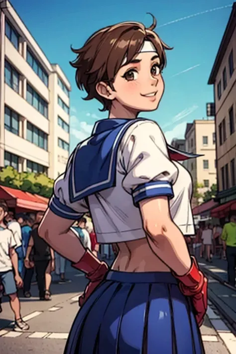 Kasugano Sakura,  brown eyes,  short brown hair,   white headband ,  sailor color, School, Short sleeve, belly button,  blue skirt, Red gloves,  Audience ,  smiles, ,  intermediate shot,  outside, city, street, market, crowd,  (back view:1.3) ,from below, ...