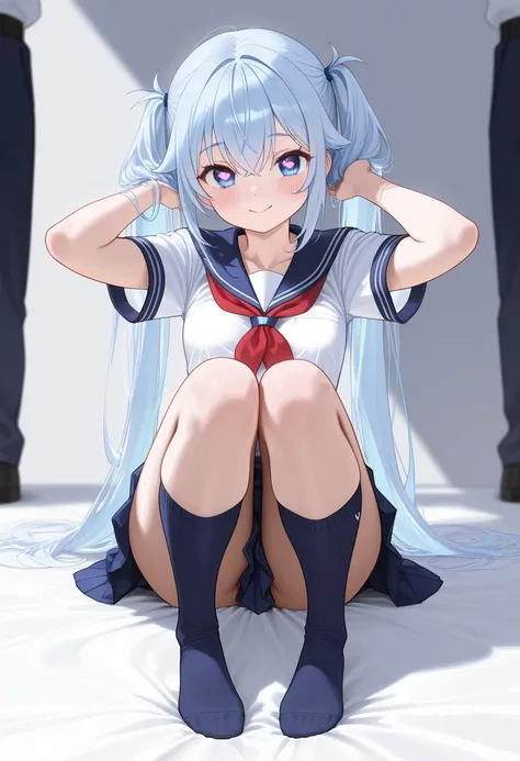 masterpiece, (( best quality )), 8k,  RAW photos ,Heart-shaped light in the eye、 small breasts、 light blue hair with a slender body、 twin tails、on background、The girl is Spieth、Touching your hair、 happy expression、 Thin Thighs、 navy blue socks on the bank，...