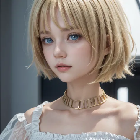 ((Highest quality)),  a blonde girl with smooth short bob hair with fringes, long white dress, collar covering the neck ,  heterochromatic blue and yellow eyes , 