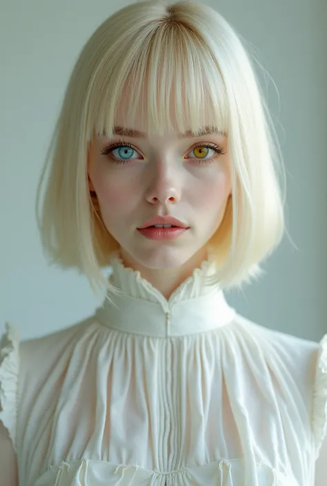 ((Highest quality)), A blond  with straight fringed short bob hair, long white dress, collar covering the neck ,  heterochromatic blue and yellow eyes , 