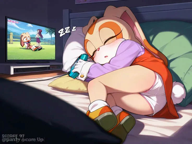 cream the rabbit ,panty shot, full body,sleeping playing videogames,shy