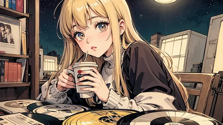 1 person,   Blonde Long Hair ,   I'm studying 80s anime style, Holding coffee in hand, Retro, Lo-Fi, night view, Records lined up,Stylish lighting,Close-up of a woman&#39;s face,Face looking sideways , braid hairstyle