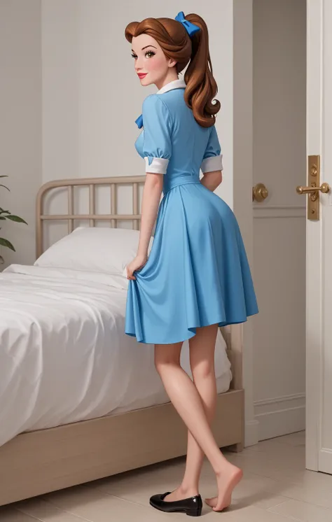 PonyXLV6_Scores ,source_anime, masterpiece,best quality, highly detailed, full body view,BREAK Belle,1girl, porcelain doll, solo, brown hair, brown eyes, naughty face, blue bow, ponytail, small-medium beautiful feet, barefoot,  hair, Belle Disney 3D render...