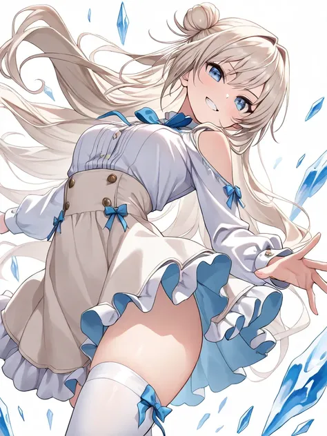 ((masterpiece, best quality, exquisite, ultra-detailed character)), 1girl, platinum blonde hair, very long hair, single side bun, ice blue eyes, white shirt, frills, shoulder cutout, high-waist skirt, thighhighs, grin, dynamic pose, dynamic angle, perfect ...