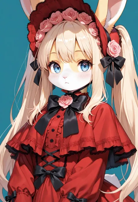 1girl, (furry, kemono:1.4), rabbit girl, animal nose, rabbit ears, 1girl, blonde hair, blue eyes, long hair, sidelocks, twintails, very long hair, dress, bonnet, red dress, long sleeves, capelet, bowtie, frills, lolita fashion, looking at viewer, rose, flo...