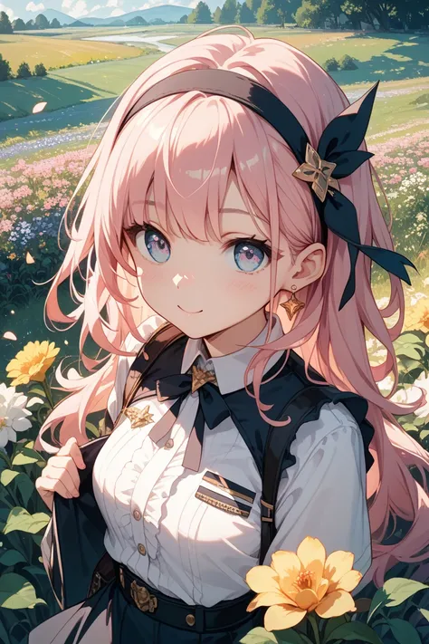 With Mini Characters、About 、 on the right, a long pink girl wearing a black flower headband、Cute uniform　、The background is an illustration of a field of flowers 