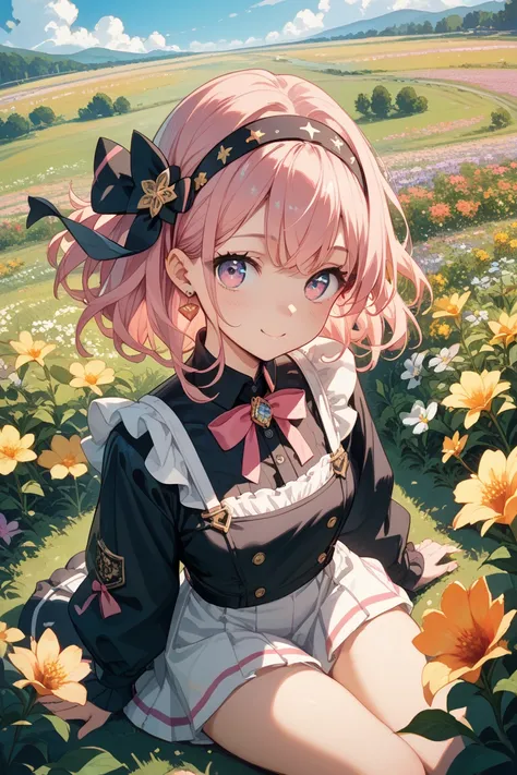 With Mini Characters、About 、 on the right, a long pink girl wearing a black flower headband、Cute uniform　、The background is a flower field