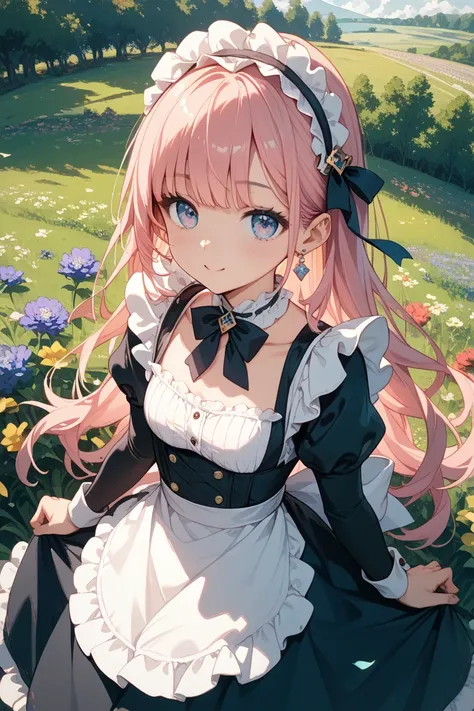 With Mini Characters、About 、 on the right, a long pink girl wearing a black flower headband、erotic cute maid clothes　、The background is a flower field