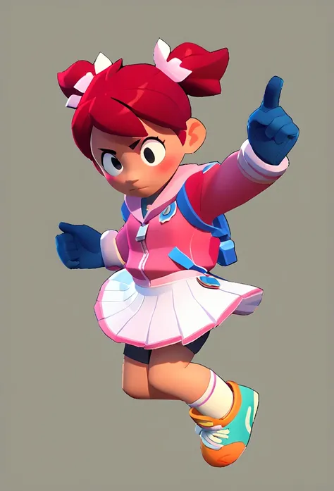 best quality, masterpiece, highres, detailed, digital artwork, SayakaYumi, short twintails, red hair, black eyes, blue gloves, pink hoodie, white skirt, shorts under skirt, ready to battle, jumping, blush, white socks with a pink stripe, orange tennis shoe...