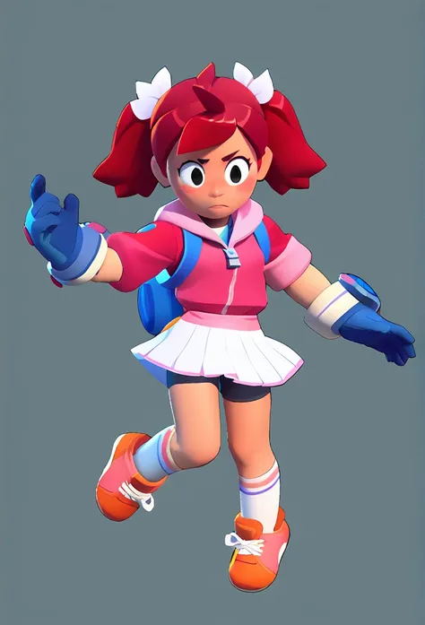 best quality, masterpiece, highres, detailed, digital artwork, SayakaYumi, short twintails, red hair, black eyes, blue gloves, pink hoodie, white skirt, shorts under skirt, ready to battle, jumping, blush, white socks with a pink stripe, orange tennis shoe...