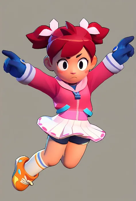 best quality, masterpiece, highres, detailed, digital artwork, SayakaYumi, short twintails, red hair, black eyes, blue gloves, pink hoodie, white skirt, shorts under skirt, ready to battle, jumping, blush, white socks with a pink stripe, orange tennis shoe...