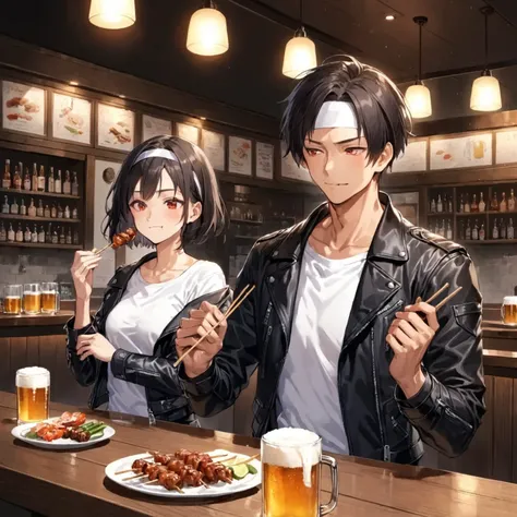 2 people, man and woman, blush, smile, short hair, bangs, shirt, black hair, red eyes, long sleeves, 1 man, holding, sitting, mouth closed, jacket, white T-shirt, headband, food, ((black with rolled up arms) leather jacket)), open jacket, ((white hairband)...