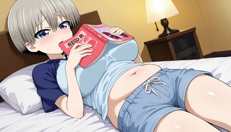 (Ultra high resolution, masterpiece,  anatomically correct,  best quality ), Uzaki Hana, grey hair, shoulder length, hair between eyes,  high school student from the side, in heat, good firm breasts, Well good (blue pajama and short sleeves), blue short pa...