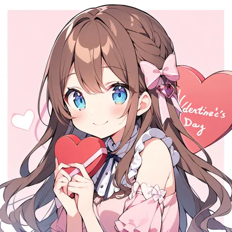 Beautiful illustration, best quality, cute girl, half girl, Valentine's Day, pastel color, brown hair, long hair, blue eyes, smiling face,, heart box in hand, smiling face, chocolate, ribbon on head, confession, simple cute dress
