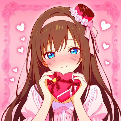 Beautiful illustration, best quality, cute girl, half girl, Valentine's Day, pastel color, brown hair, long hair, blue eyes, smiling face,, heart box in hand, smiling face, chocolate, ribbon on head, confession, simple cute dress
