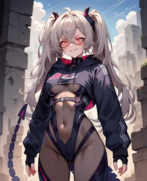 score_9, score_8_up, source_anime, 1girl, solo, SarueiDefault, grey hair, glasses, scar across eye, long hair, twintails, headgear, cropped hoodie, black hoodie, bodystocking, covered navel, covered cleavage, black bodysuit, power suit, fingerless gloves, ...