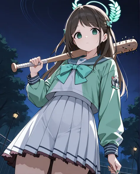 score_9, score_8_up, score_7_up, source_anime, 1girl, solo, airi \(blue archive\),green eyes, black hair,long hair,hair ribbon, deep green coverall, empty eyes, expressionless, looking at viewer, holding nail bat, outdoor, night park, from below, ducht ang...