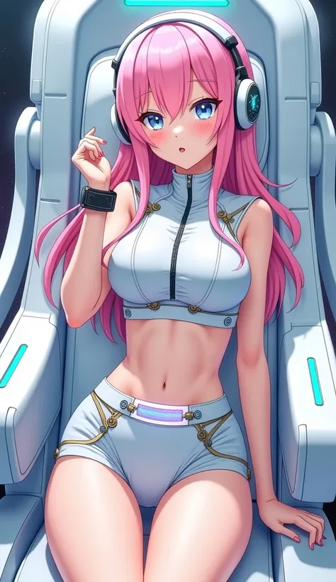 Detailed anime illustration, pixiv style,anime love-live style, zero gravity space. Woman dressed in white spaceship high-tech capsule, cold sleep device. Japanese woman, pink long hair, blush,shy,wearing futuristic underwear with biosensors and circuit pa...