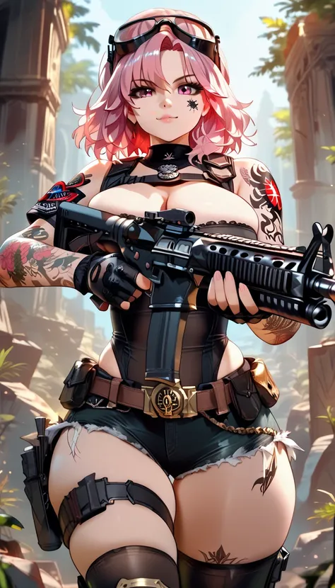 ultra-detailed, 1girl, solo, ((masterpiece)), (best quality), (highres), 16K, soldier, pink eyes, tattoos, tattoos on leg, tattoos on hand, pink hair, medium hair, wearing goggles, tactical vest, gloves, thighhighs, bootyshorts, blue thong, knee pads, bust...