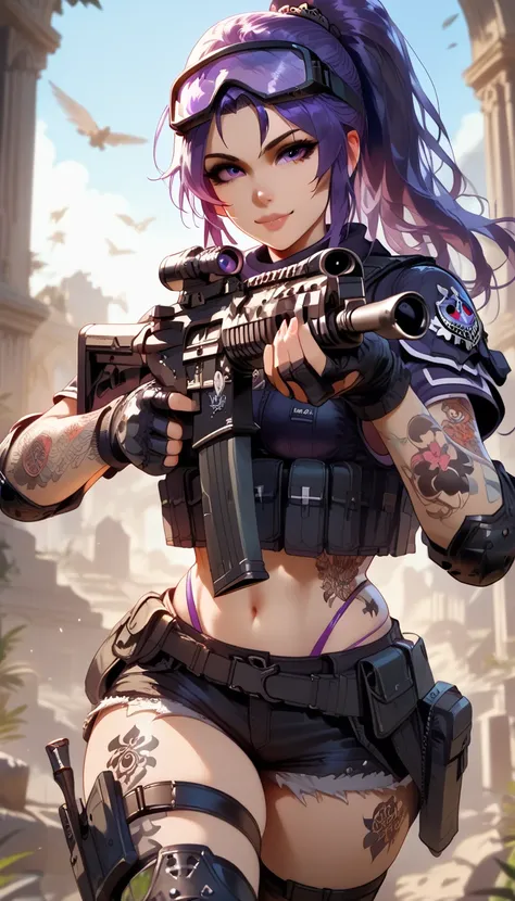 ultra-detailed, 1girl, solo, ((masterpiece)), (best quality), (highres), 16K, soldier, purple eyes, tattoos, tattoos on leg, tattoos on hand, purple hair, long hair, ponytail, wearing goggles, tactical vest, gloves, thighhighs, bootyshorts, purple thong, k...